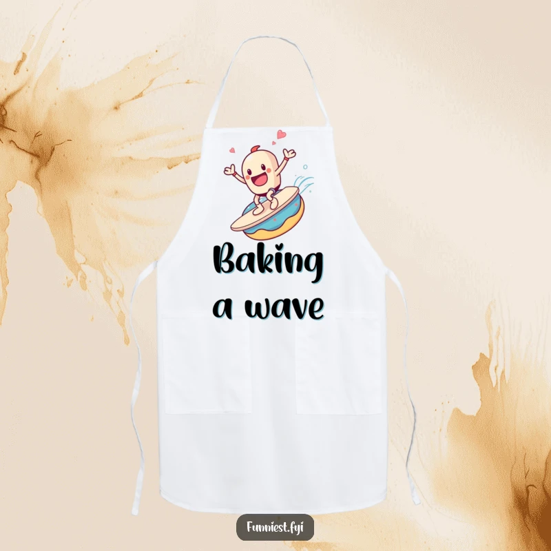 Funny apron featuring a coffee cup character joyfully surfing a giant donut, a sweet and humorous kitchen companion.