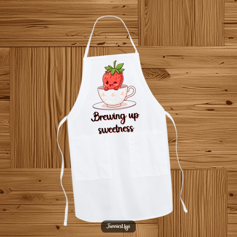 Funny giggling strawberry character apron, hiding inside a giant teacup costume, perfect for a sweet kitchen experience.