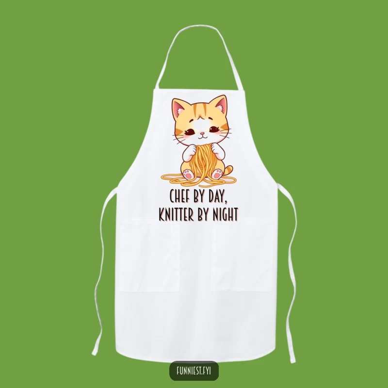 Funny Cat Knitting Spaghetti Apron, Puzzled Chef's Kitchenwear, Hilarious Cooking Gift
