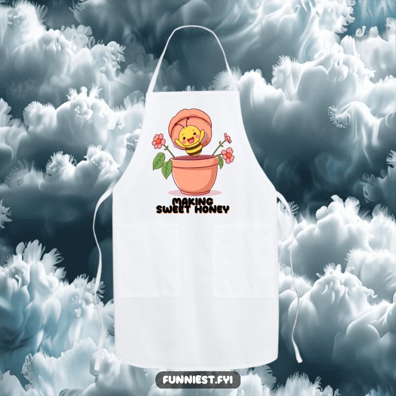 Funny apron with a happy bee character comically diving headfirst into a giant flowerpot, perfect for a humorous kitchen or gardening enthusiast.