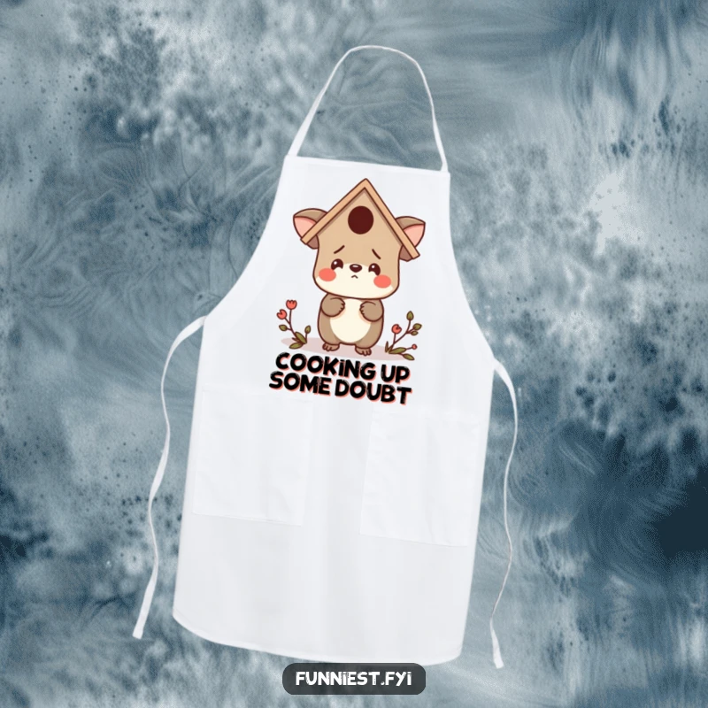 Funny apron design of a confused animal character wearing a birdhouse as a hat, looking around lost, a humorous cooking accessory.