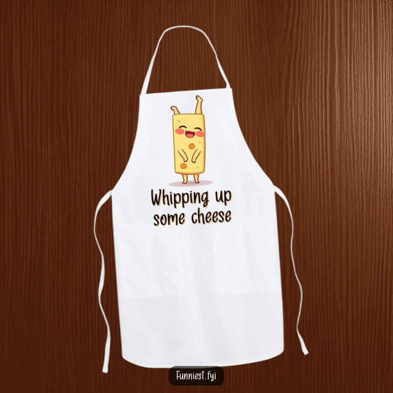 Funny giggling cheese wedge character attempting a handstand while wearing a chef hat, on this humorous apron.