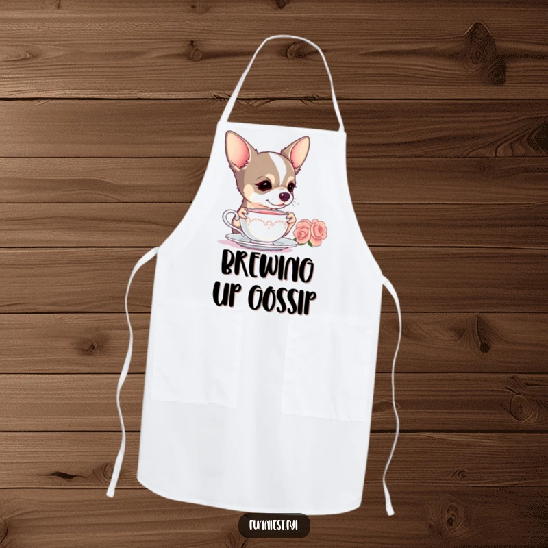 Funny Chihuahua apron, showing a dog dramatically sipping tea, perfect for a humorous kitchen or chef.