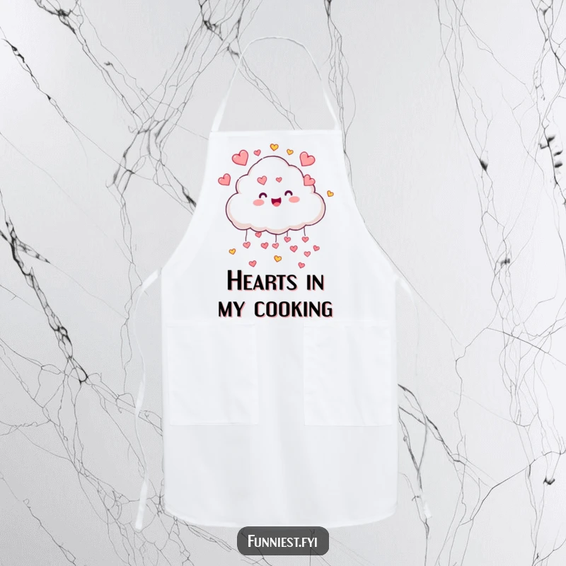Funny joyful cloud character raining hearts while wearing an apron, adding sweet, loving humor to kitchen activities, a delightful gift.