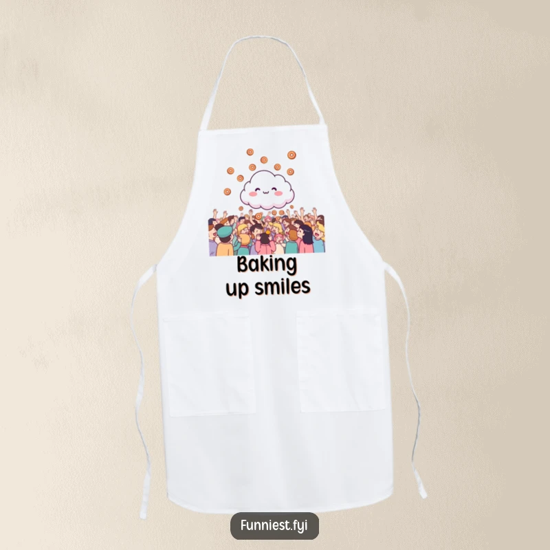 Funny giggling cloud raining tiny donuts onto a happy crowd, a humorous and practical apron for bakers.