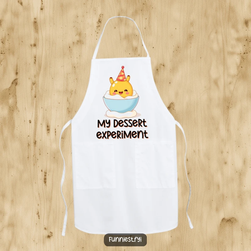 Funny apron design of a fruit character in a party hat comically falling into a bowl of whipped cream while cooking, a humorous kitchen accessory.