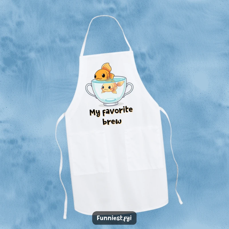 Funny determined goldfish character swimming in a giant teacup, a humorous and practical apron for chefs.