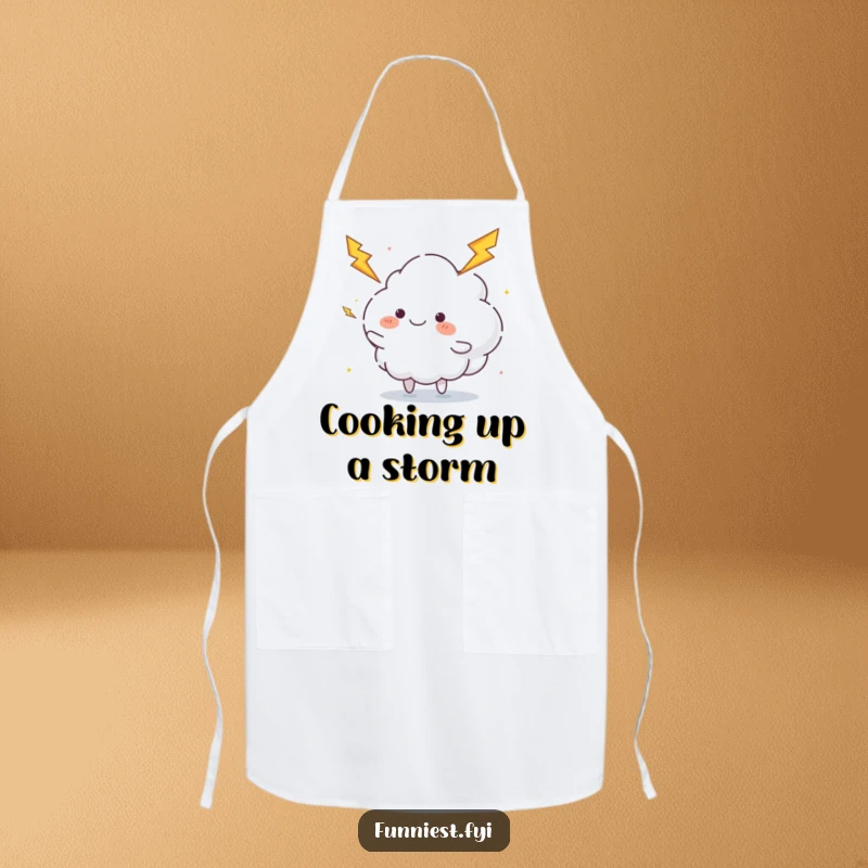 Funny juggling cloud apron with a fluffy cloud character happily juggling lightning bolts, great for energetic kitchen fun and funny gifts.