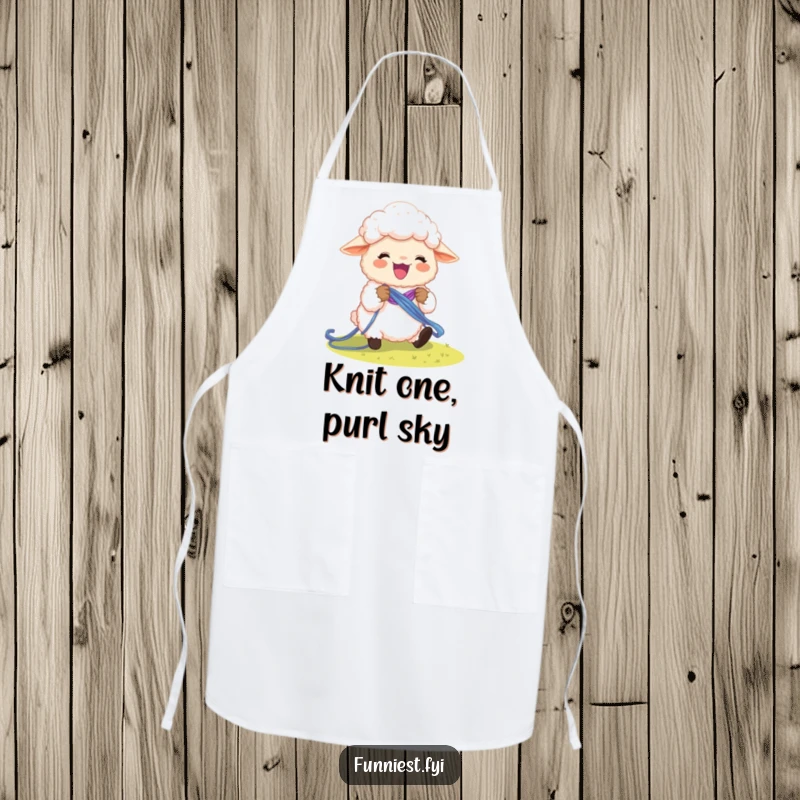 Funny sheep character knitting a rainbow, ready for crafting or cooking, on an apron.