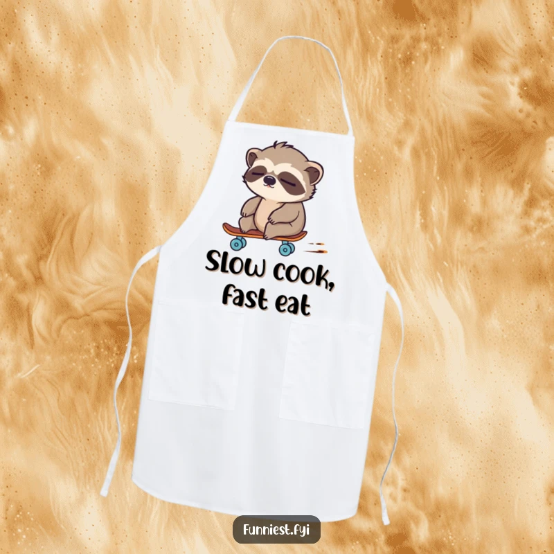 Funny sloth character surprisingly fast on a tiny skateboard, ready for kitchen adventures, on an apron.