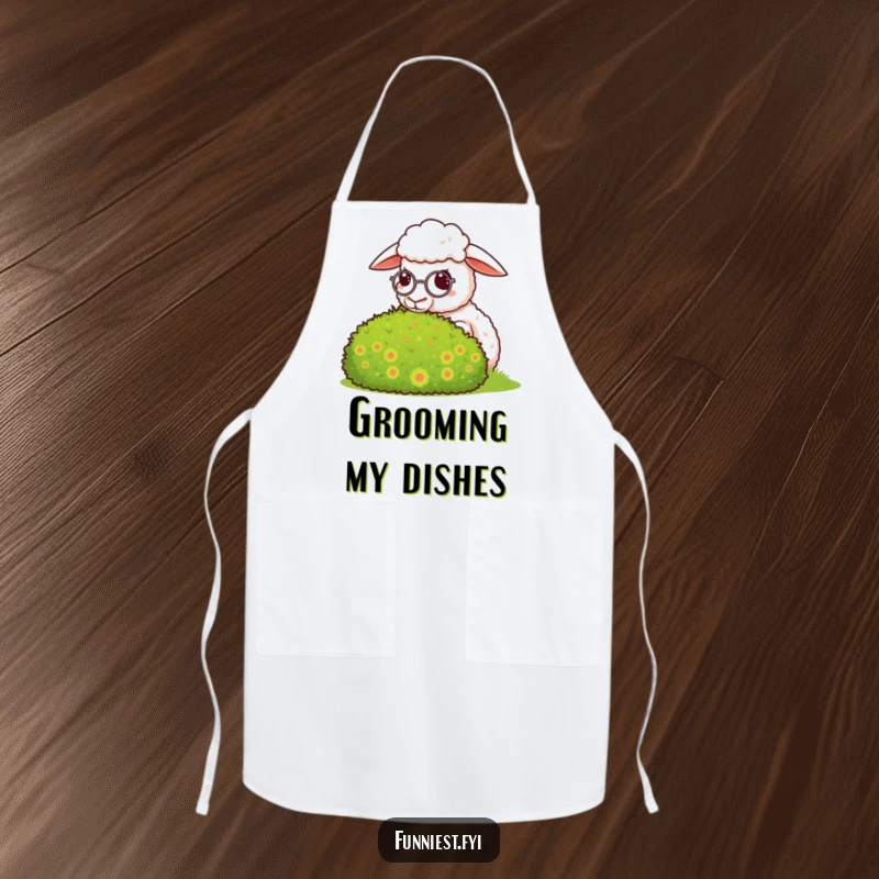 Funny sheep apron, a sheep wearing a monocle looks smugly upon kitchen creations, approvingly.