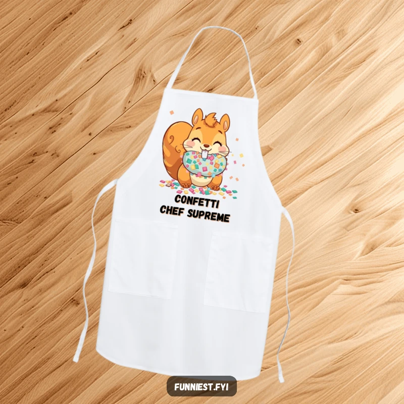 Funny mischievous squirrel stuffing cheeks with confetti on an apron, ready to bring party spirit to cooking.