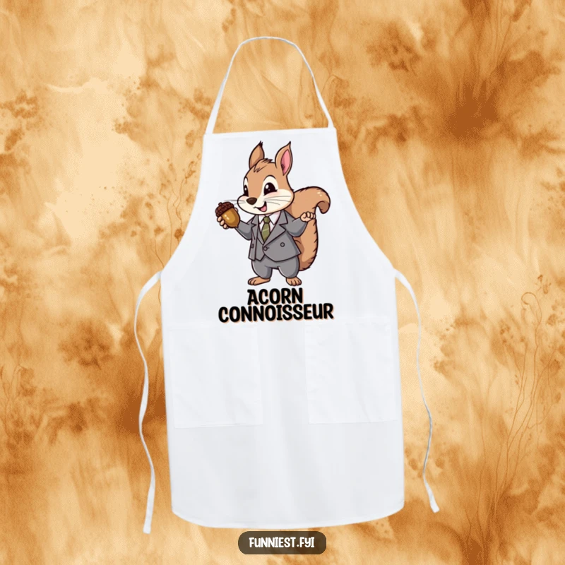 Funny Suit Squirrel Apron: A humorous apron featuring a squirrel in a suit presenting an acorn like a prized jewel, ready for kitchen duties.
