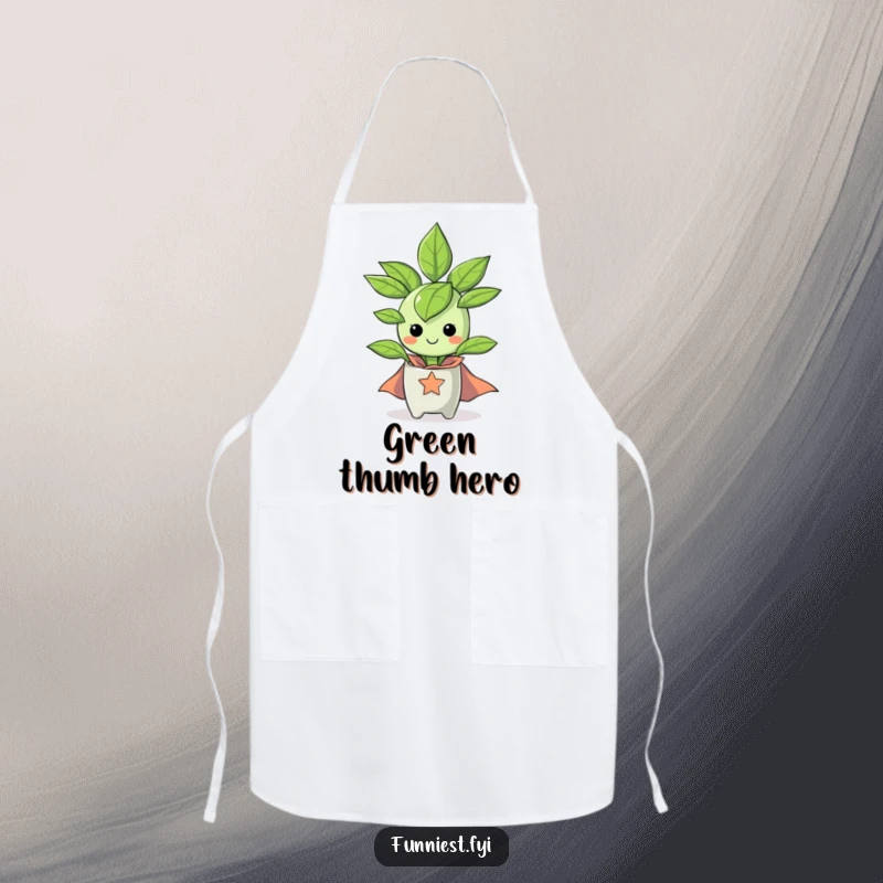 Funny happy houseplant in a tiny superhero cape on an apron, ready to tackle kitchen challenges heroically.