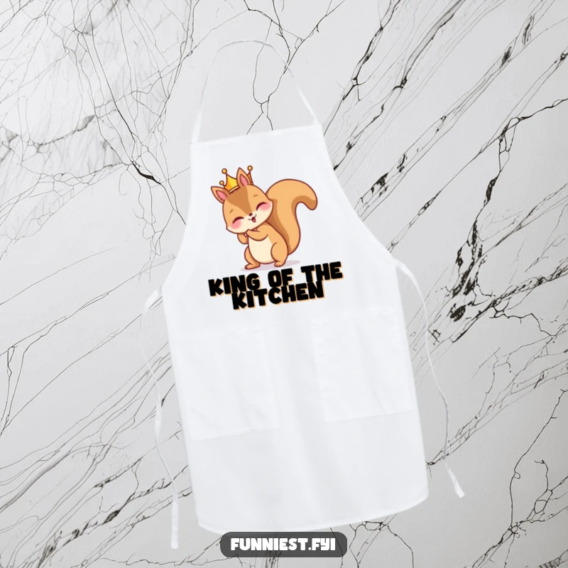 Funny apron featuring a mischievous squirrel character comically wearing a tiny crown backward while in a kitchen setting, a regal mishap.
