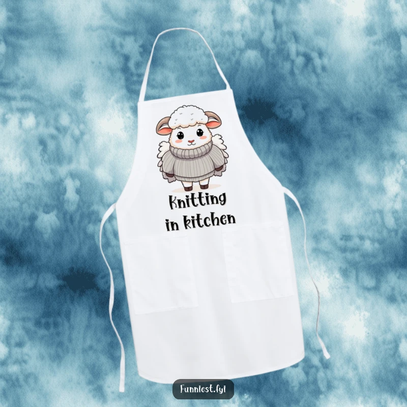 Funny apron showing a sheep wearing a massively oversized, fluffy sweater, a humorous and practical item for cooking.