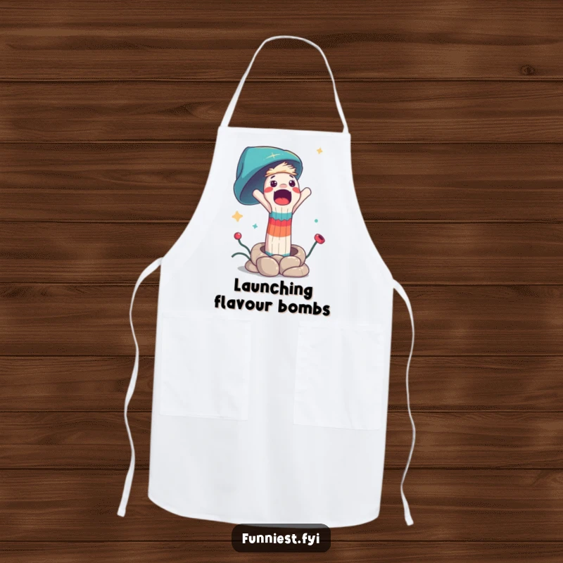 Funny apron featuring a surprised sock puppet character being launched from a spring, perfect for kitchen antics and humorous chefs.