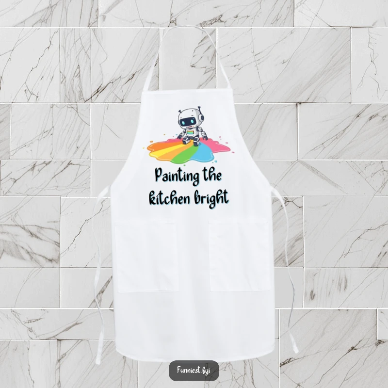 Funny apron with a clumsy robot character tripping and spilling a large puddle of rainbow paint, perfect for a humorous art studio or kitchen.