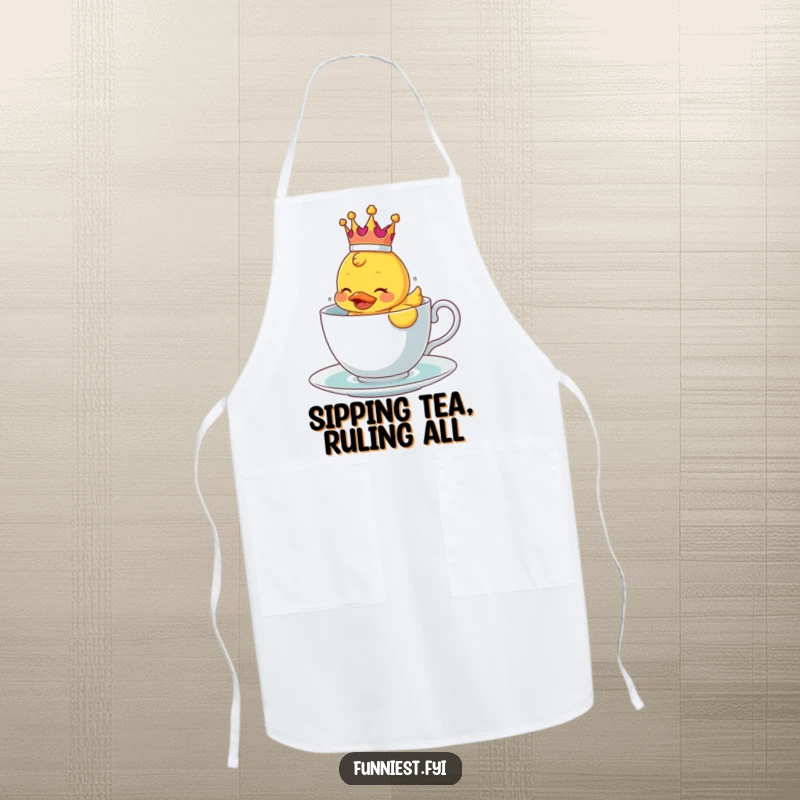 Funny apron with a crowned rubber ducky comically floating in a teacup, perfect for messy cooks.