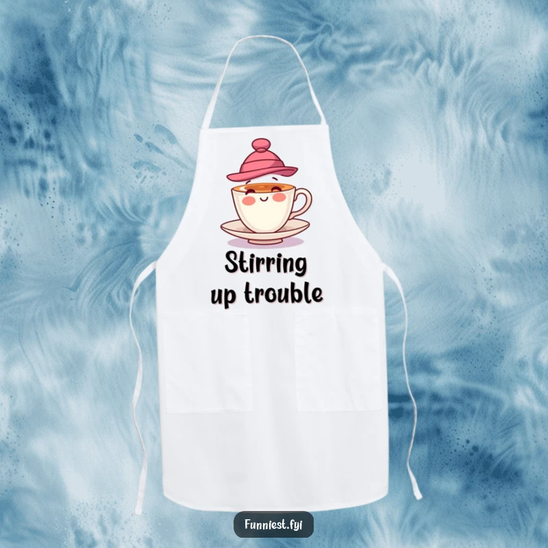 Funny apron print of a playful teacup wearing a stylish hat and spinning, designed for stylish cooking and charming kitchen presence.