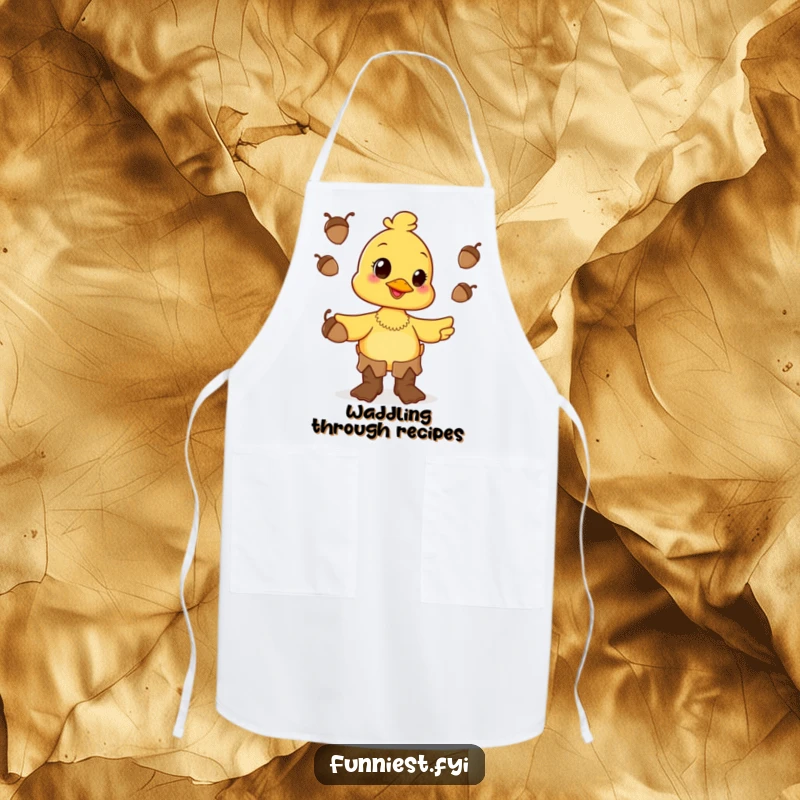 Funny happy duck character wearing oversized boots and juggling acorns on this humorous and practical kitchen apron.