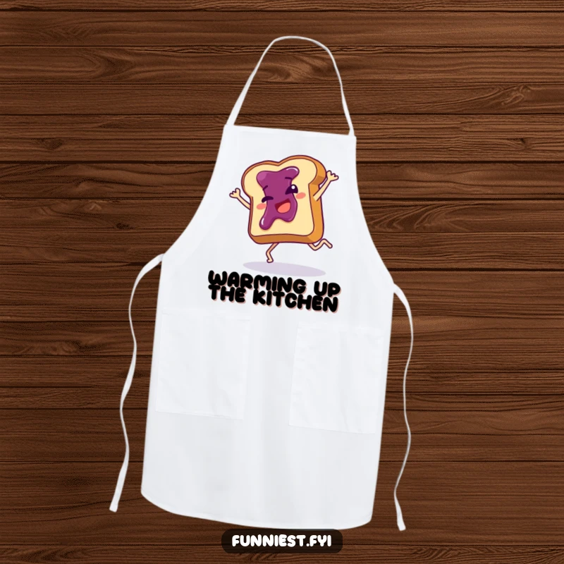 Funny apron print of a giggling toast slice with jam attempting a cartwheel, designed for culinary fun and kitchen laughs.