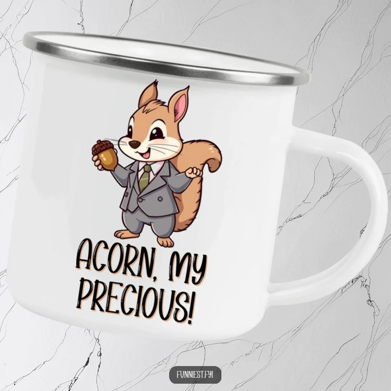 Funny Suit Squirrel Camping Mug: A durable camping mug featuring a squirrel in a suit presenting an acorn like a treasured jewel, for outdoor meetings.