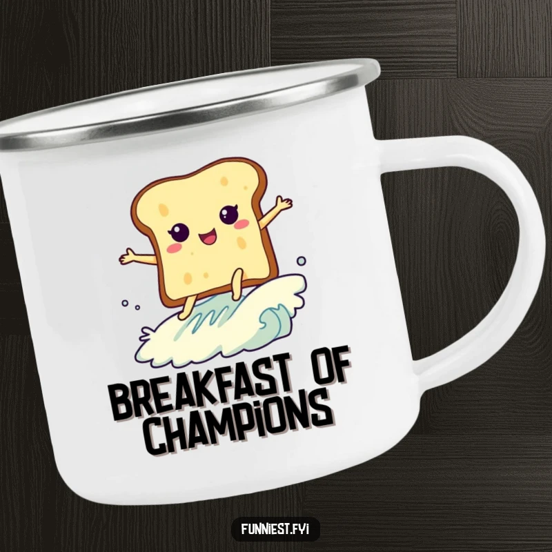 Funny camping mug featuring a slice of toast with legs surfing a butter wave, adding humor to outdoor activities.
