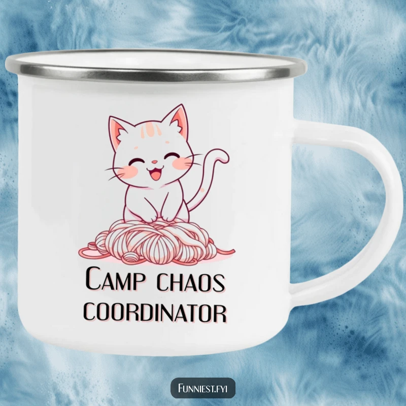 Funny camping mug illustration of a smiling cat tripping over its tail into a pile of yarn, ideal for outdoor humor.