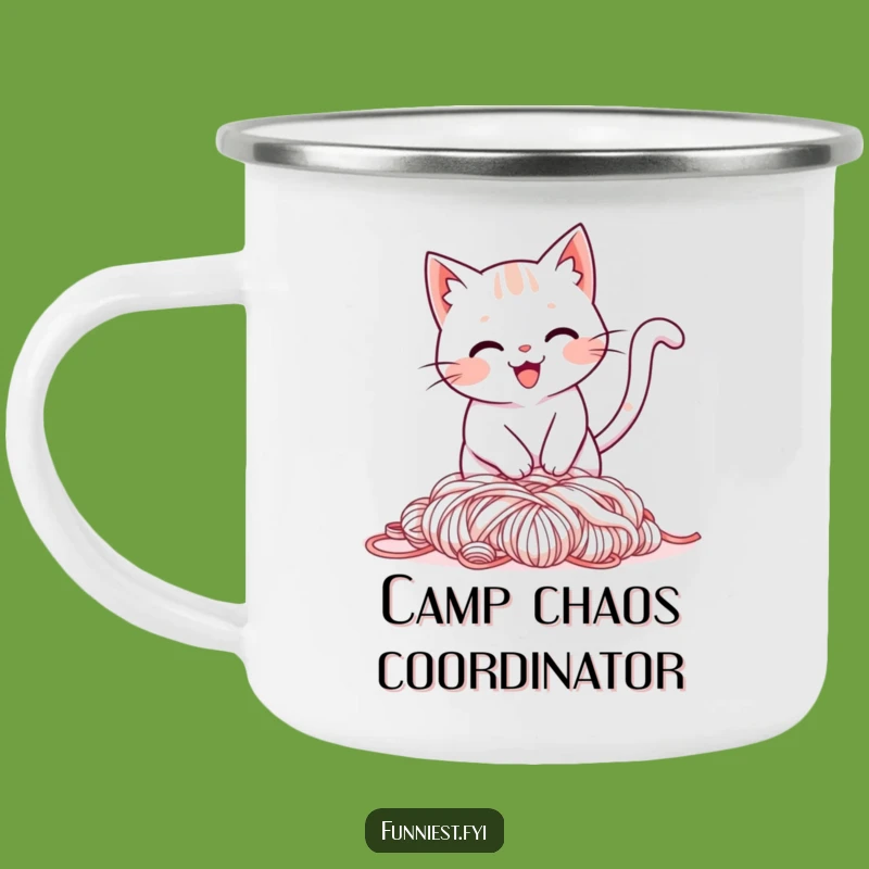 Funny Cat Yarn Camping Mug: Tripping Feline Adventure - Hilarious Outdoor Gift!