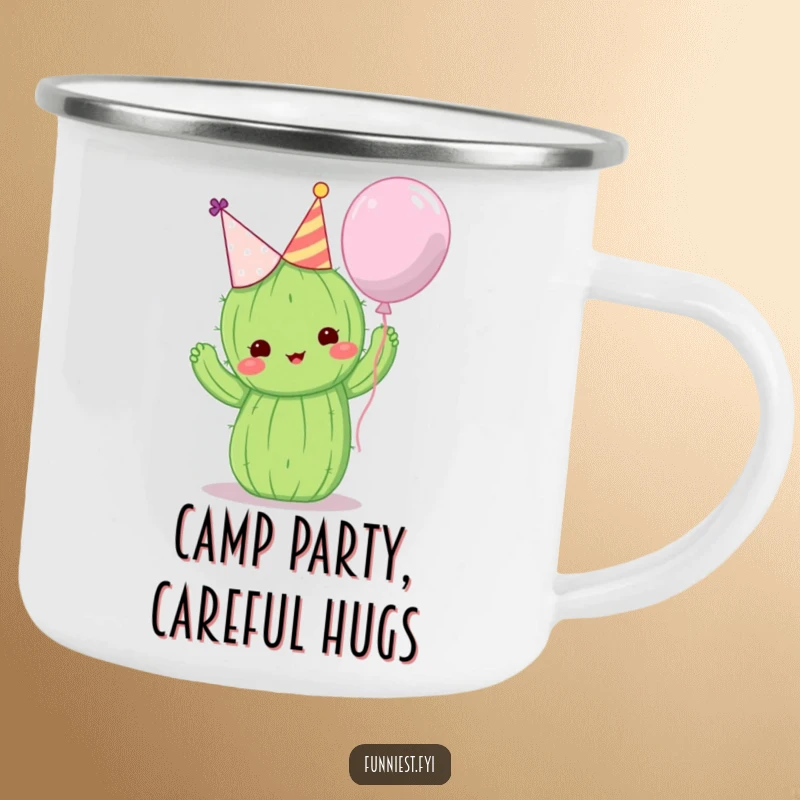 Funny camping mug with a cute cactus in a party hat attempting to hug a balloon, for outdoor laughs.
