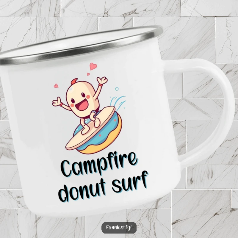 Funny camping mug showing a coffee cup character joyfully surfing a giant donut, perfect for outdoor amusement.