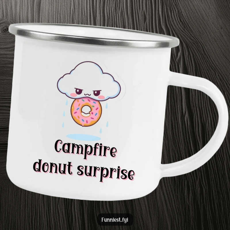 Funny camping mug with a grumpy cloud raining a single, perfect donut, for outdoor laughs.