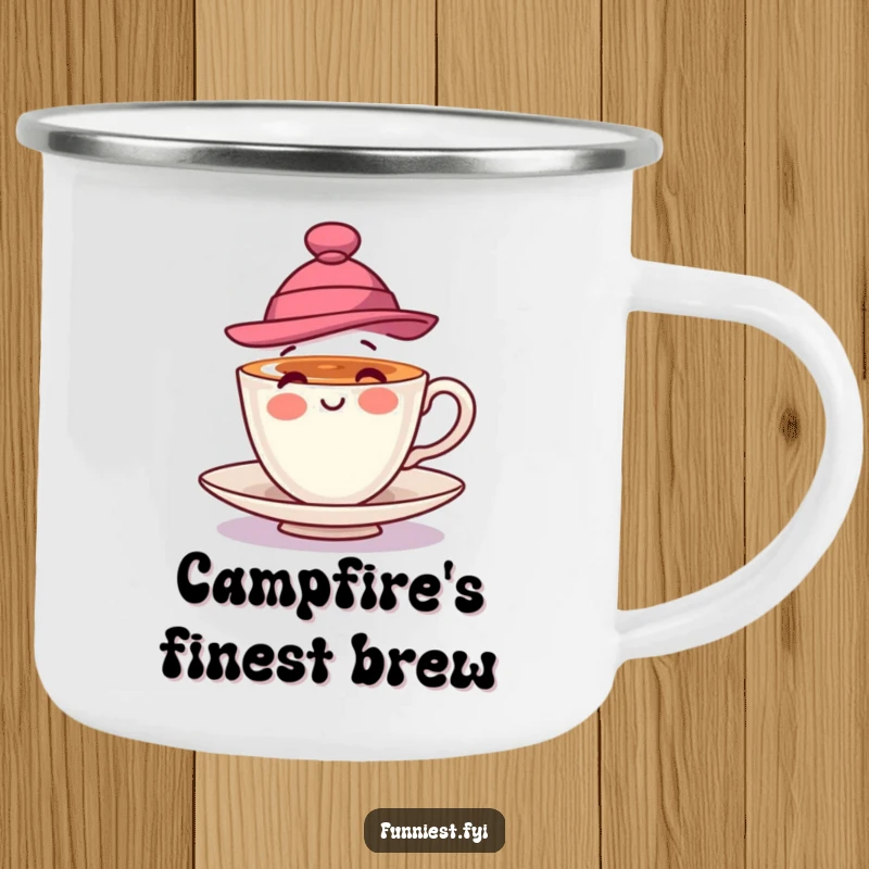 Funny camping mug showing a playful teacup wearing a stylish hat and spinning, perfect for outdoor enjoyment with a touch of class.