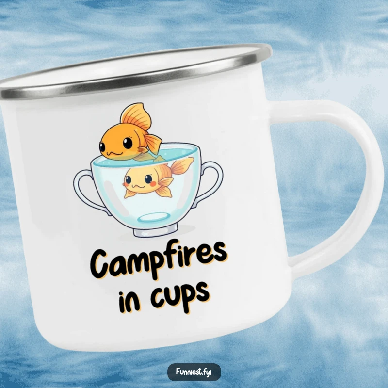Funny determined goldfish character in a giant teacup, a durable camping mug for adventurous souls.