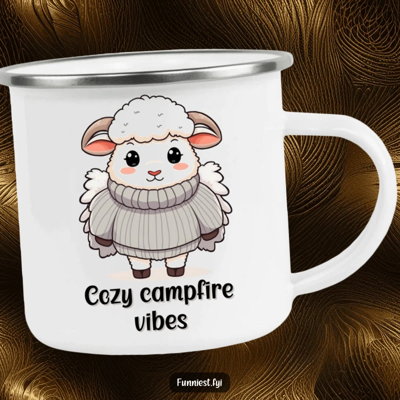 Funny camping mug with a sheep wearing a ridiculously large, fluffy sweater, perfect for outdoor enthusiasts who love humor.