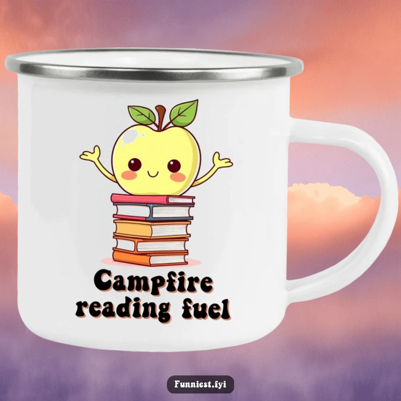 Funny proud apple character balancing a wobbling stack of books on a camping mug, offering academic cheer on the go.