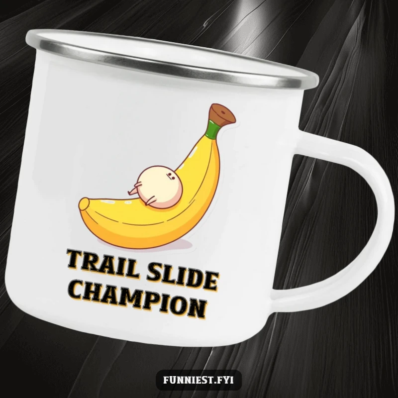 Funny camping mug illustration of a small round character with legs gleefully rolling down a giant banana peel, ideal for outdoor humor.