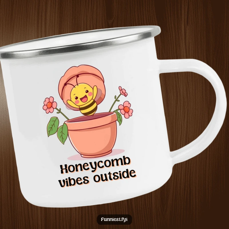 Funny camping mug with a happy bee character comically flying upside down into a giant flowerpot, a humorous companion for outdoor trips.