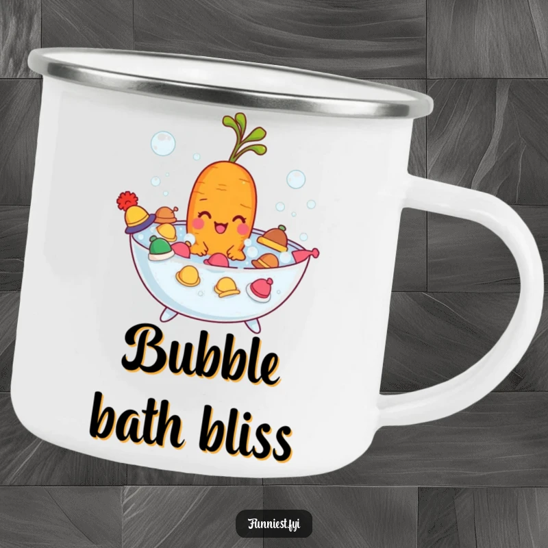 Funny carrot character in a bubble bath with tiny hats, a durable camping mug for outdoor adventures and humor.