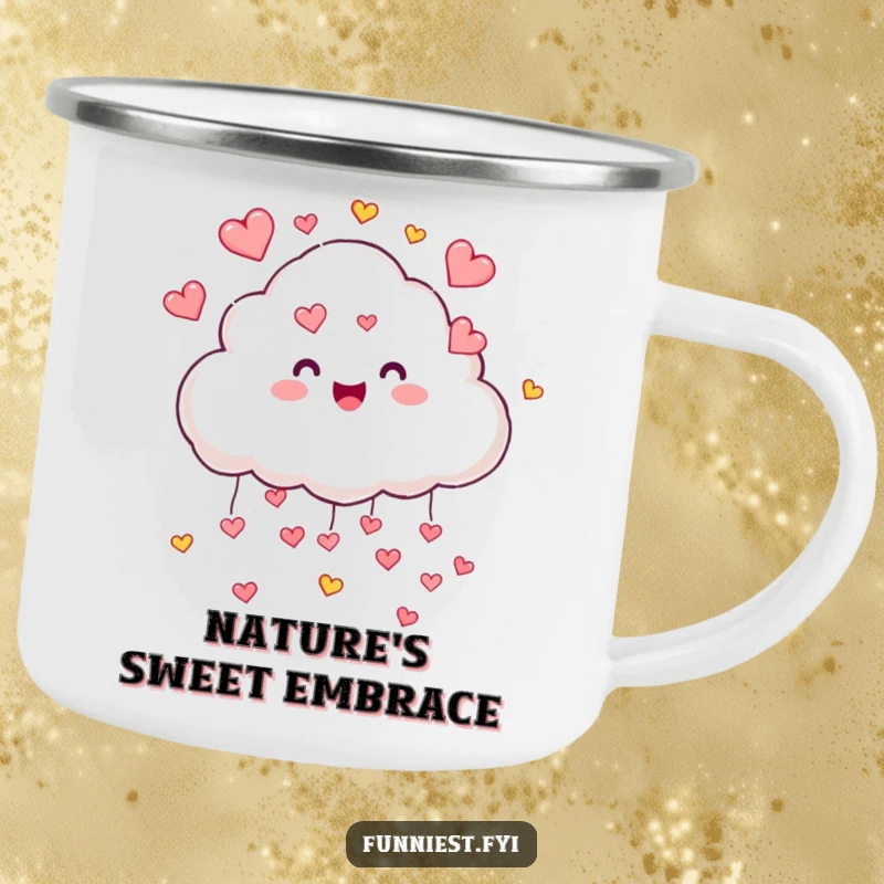 Funny cloud character raining hearts on a durable camping mug, perfect for enjoying drinks with a cheerful, loving vibe.