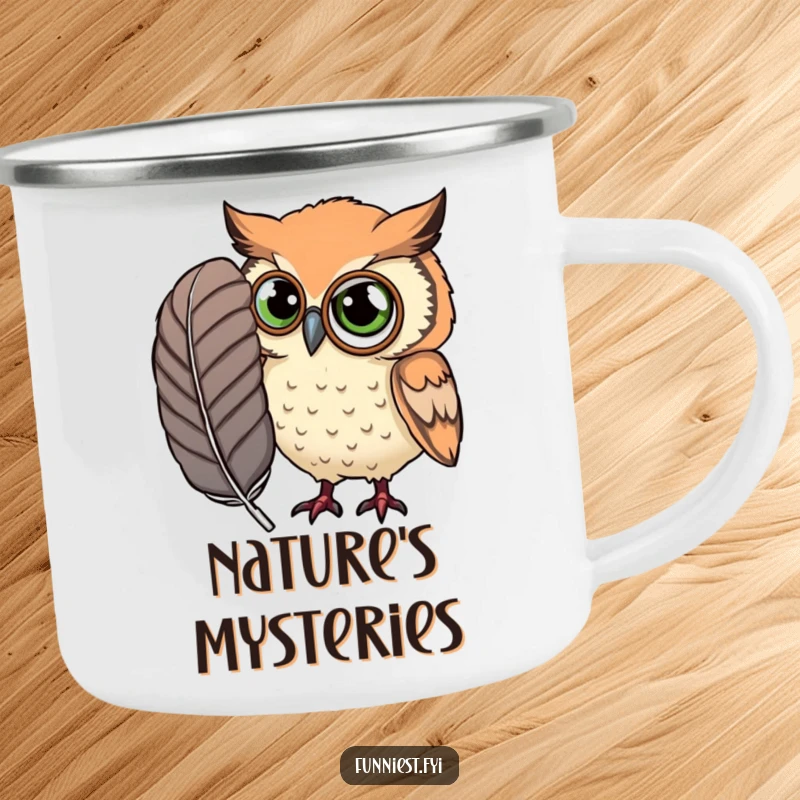 Funny Camping Mug showing a curious owl with a monocle, examining a large feather, perfect for outdoor contemplation.