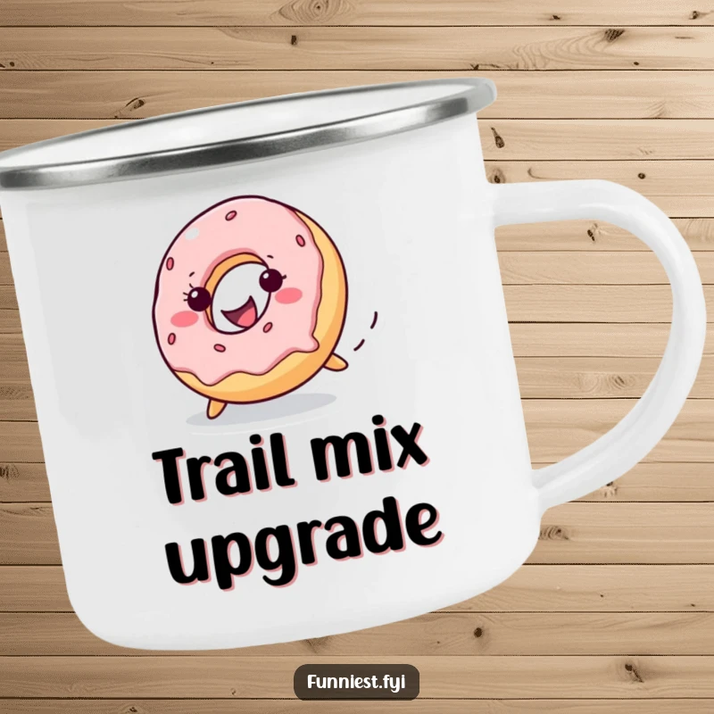 Funny donut character with a grin rolling downhill on a durable camping mug, perfect for enjoying drinks with sweet humor.