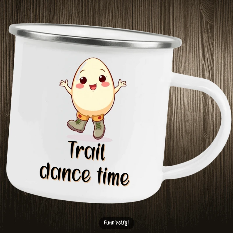 Funny egg camping mug with a cheerful cartoon egg character doing a clumsy jig in oversized boots, for outdoor humorous enjoyment.