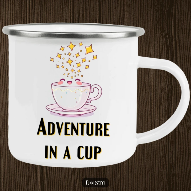 Funny enamel teacup camping mug featuring a happy character pouring a stream of stars, ready for outdoor adventures.