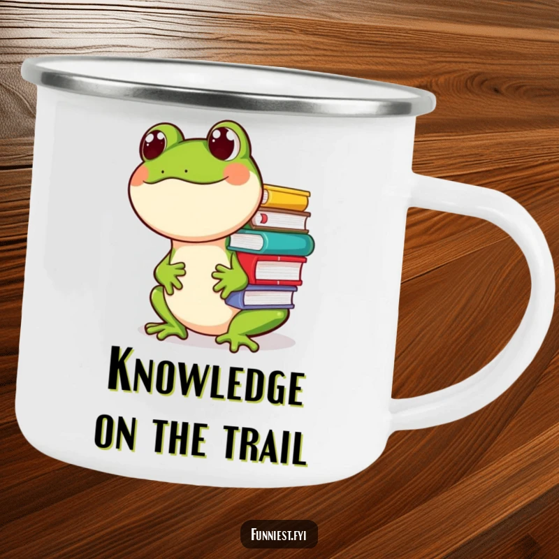 Funny camping mug with a giggling frog character balancing a stack of books on its nose, a humorous companion for outdoor trips.