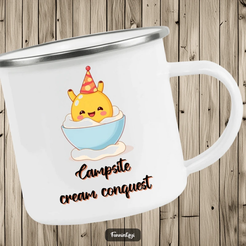 Funny camping mug illustration of a fruit character with a party hat joyfully falling into whipped cream, ideal for outdoor humor.
