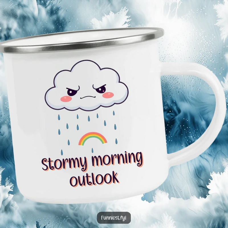 Funny camping mug with a grumpy cloud raining a tiny rainbow, perfect for outdoor enthusiasts who love dry humor.