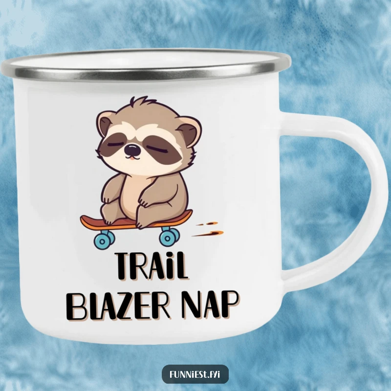 Funny sloth character appearing to speed on a tiny skateboard, designed for durability on a camping mug.