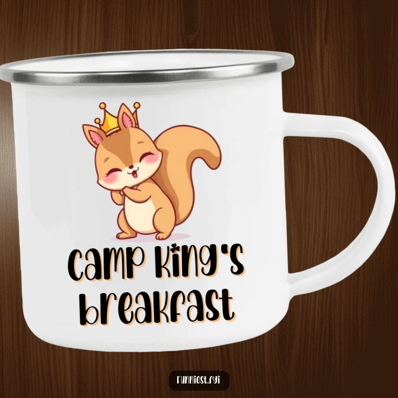 Funny camping mug showing a mischievous squirrel character comically wearing a tiny crown backward, perfect for outdoor amusement.